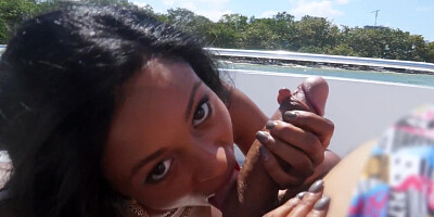 Ebony woman is getting her pussy rammed on the boat outside