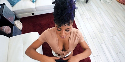 Spicy black chick sucks a big white dick and gets shagged