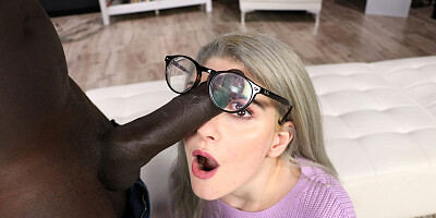 Nerdy blonde loves the monster cock splashing her face
