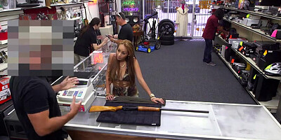 Sexy latina with big fake tits and ass sells her pussy at an x rated pawn shop