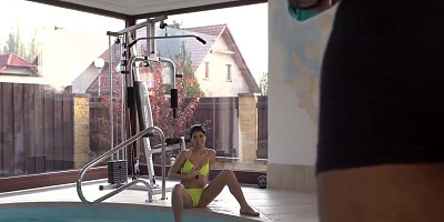 Tiny white babe takes big black dick by the pool