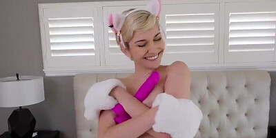 Tiny blonde with big tits nailed in the bedroom