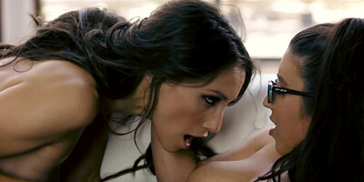 Black-haired MILF teaches naive nerdy girl about lesbian sex