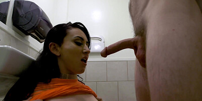 Hot brunette teen with small tits gets banged in the toilet