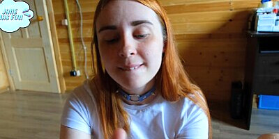 Blue-eyed beauty gives a passionate slobbering blowjob. Cum on tits