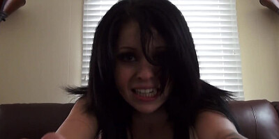 Raven-haired tattooed babe gets banged on the couch