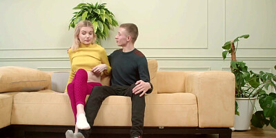 Blonde teen with a nice booty is playing with a skinny man