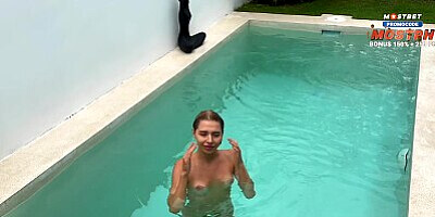 Spying on my stepsister swimming in the pool. Rough sex with my wet stepsis. Cum on pretty face