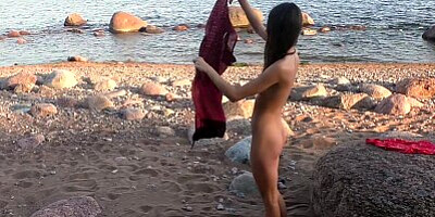 Beautiful teen sucks cock on the beach. POV