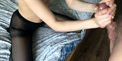 Sex in black pantyhose,blowjob,cum on stomach