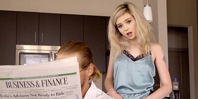 Cute blonde nailed by stepbro next to resting stepdad