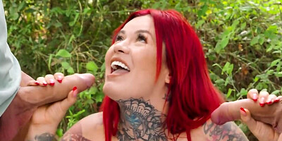 Two bald dudes are going outdoors for a double penetration