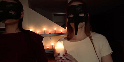 Silently guys bonk masked babes among candles