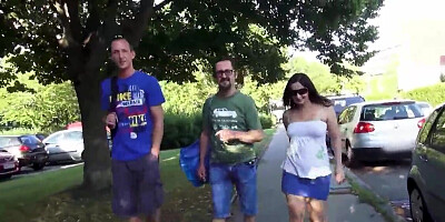 Trashy whore goes to the woods and fucks two men