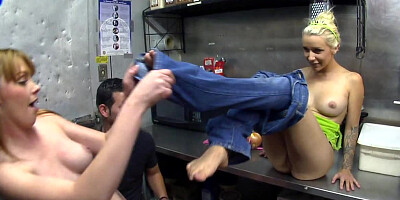 Sluts are in the kitchen, getting undressed before the camera