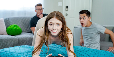 Skinny babe fucks two nerds in one fell swoop