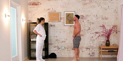 Pierced cutie gives a massage and sucks his massive dong