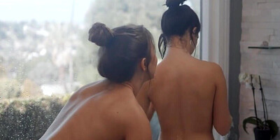 Two girls being crazy in the shower lez fuck session