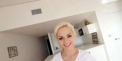 A perfect blonde is in a pob video, sucking a big long pecker