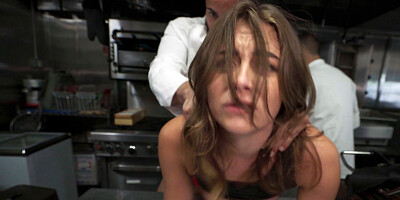 Two horny cooks fucking a slutty girl in the kitchen