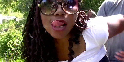 This brunette black girl has always wanted to taste a big white cock while Outdoor