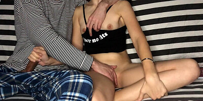 Step Brothe Put Step Sister Hand On His Dick But She Didn't Know He Had Skillful Hands and Orgasming