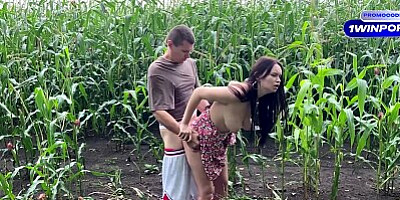 Fucked slutty step sister in dress on cornfield and cummed on her ass