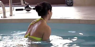 Black swimming instructor fucks tiny white babe