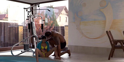 Black swimming instructor fucks tiny white babe