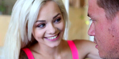 A blonde with a skinny ass is kissing a dick and is getting rammed