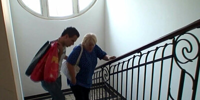 Busty blonde granny is riding the dick of the older man