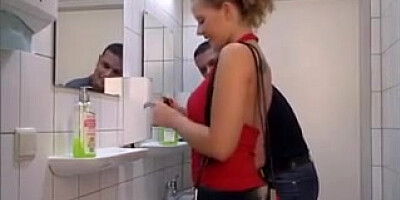 Female in crimson gets her culo banged in toilet. guzzle