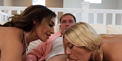 Astonishing blonde and brunette sucking hard dick and fucking