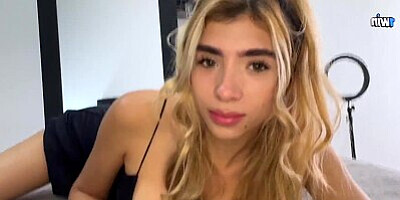 The skinny blonde with a pink pussy gives a tremendous blowjob but ends up fucking hard