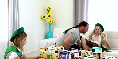 TWo dirty blondes are being fucked by a horny beefed guy