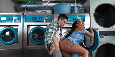 Tanned brunette Katty Soarez gets fucked in the laundry