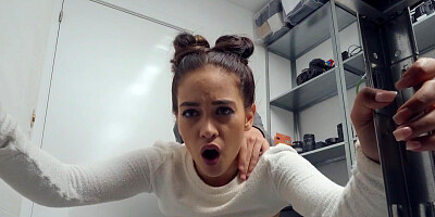 Pigtailed brunette Ginebra Bellucci gets fucked in some storage room