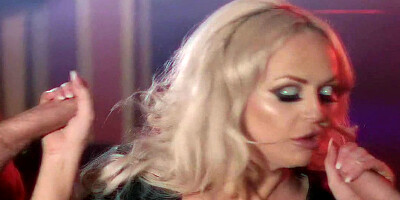 Blonde hussy Louise Lee gets fucked by two horny studs