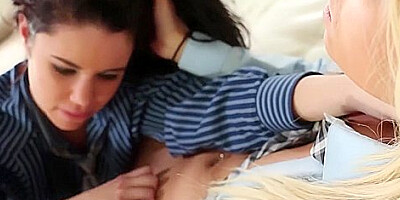 Home Made Lesbian Action That Involves A Black Hair Hottie And A Perverted Busty Blond On A Couch