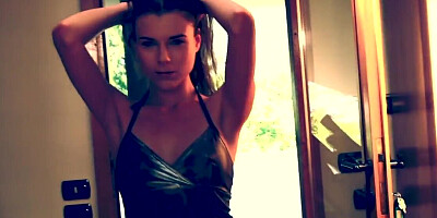 Stunning brunette model gets naked and masturbates