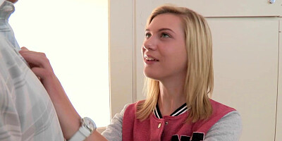 Petite, blonde teen sucked a huge cock