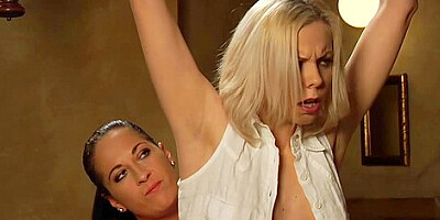 Tied Up Lesbian Girl Takes Big Strapon From Dominant Mistress