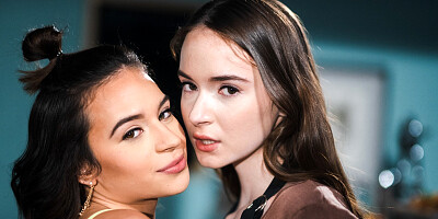 Hazel Moore and Aria Valencia make love in the coffee shop