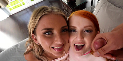 Macy Meadows and Cherry Fae pleasuring lucky dude in bed