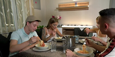 Tanned European women suck and ride two young gamers' cocks