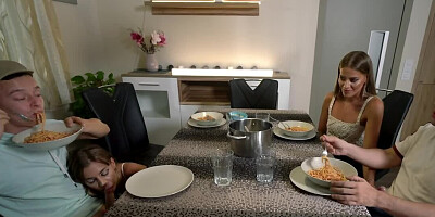 Tanned European women suck and ride two young gamers' cocks