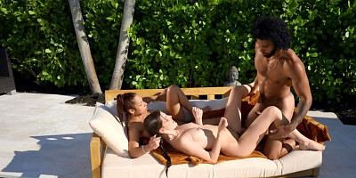 Mulatto stud drills wet twats of white bitches by the pool