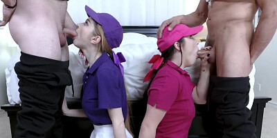 Teens with baseball caps make it with each other's stepfather