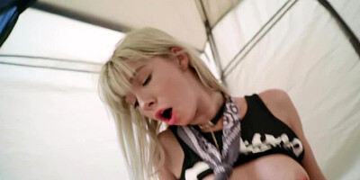 Skinny blonde seduces stranger and rides his cock in the tent
