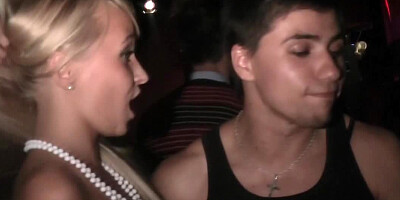 A blonde is in a pov scene in public, sucking a big hard dick